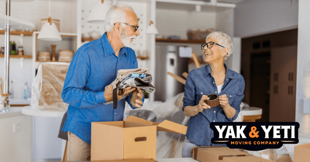 an elderly couple arranging their belongings before moving.
